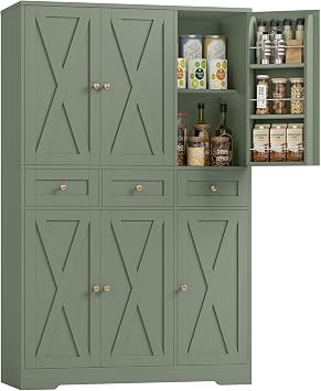 HOSTACK Modern Farmhouse Kitchen Pantry Storage Cabinet, 67 H Kitchen Pantry Cabinet with Barn Doors and Shelves, Freestanding Food Storage Cabinets with Drawers for Dining Room, Living Room, Green