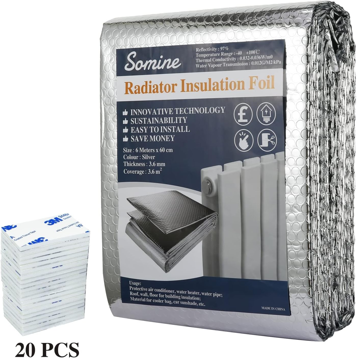 Somine Radiator Bubble Insulation Foil (6M x 60cm) 3.6mm Thick Heat