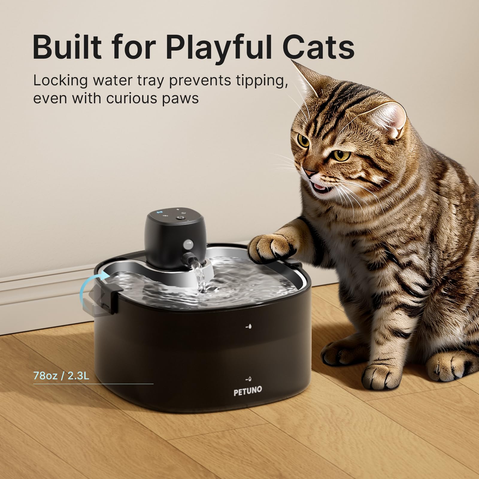 Fuente de agua inalámbrica para gatos, fuente para gatos, funciona con pilas, 4000 mAh, 2,3 L, fuente de agua para mascotas inalámbrica con sensor de movimiento y bandeja de acero inoxidable, bomba