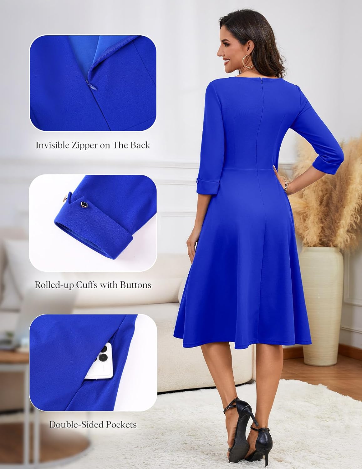 HomRain Women's Fit and Flare Midi Dress-3/4 Sleeve Modest Church Dress Classy Causal Work Dresses with Pockets - Image 4