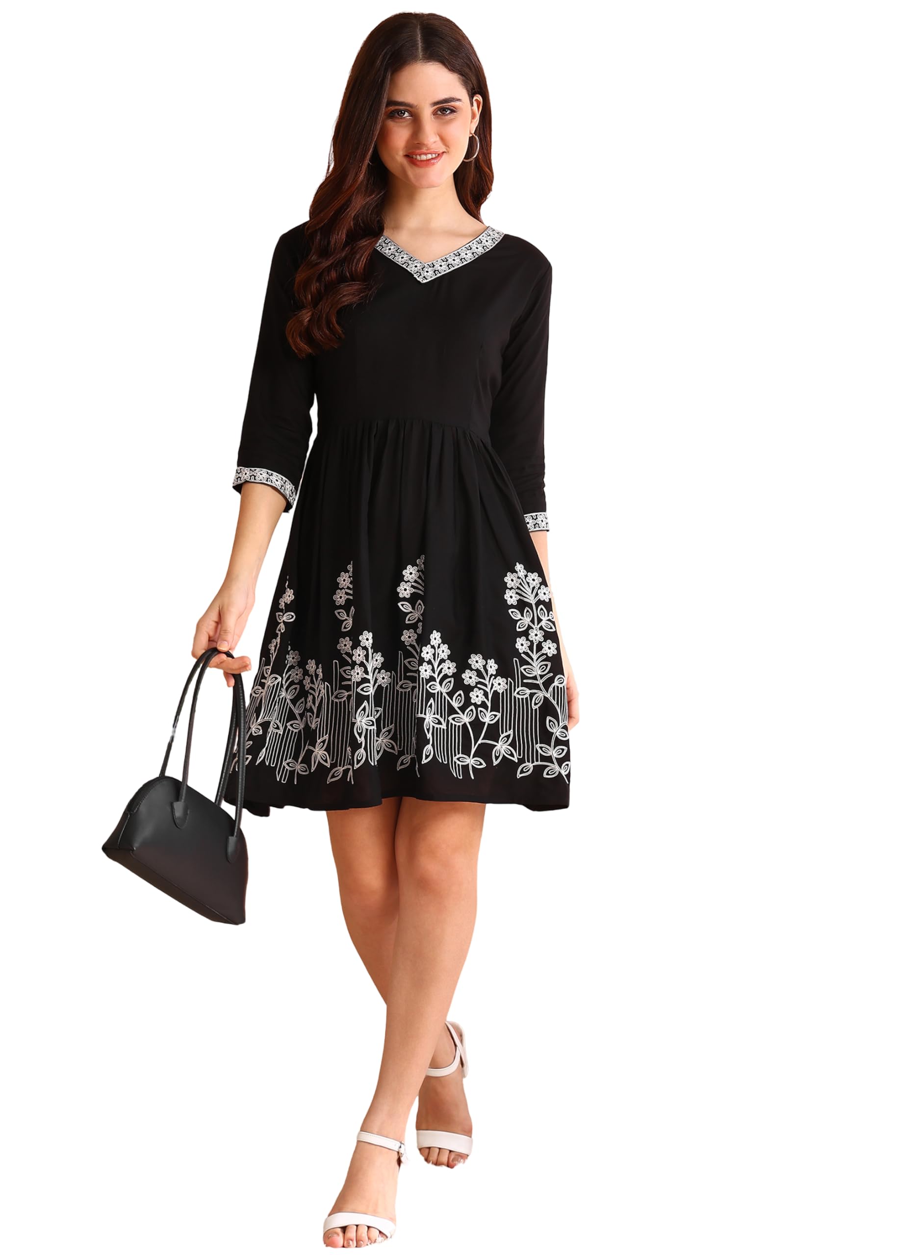 Viscose Rayon Embroidery Work Fit and Flare Western Knee-Length Dress for Women & Girls Black-image-20
