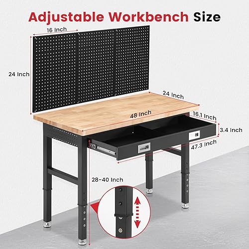 Miniatura 7 de Banco de trabajo con almacenamiento ajustable, bancos de trabajo con cajón para garaje, banco de trabajo de madera de goma de 48 pulgadas con