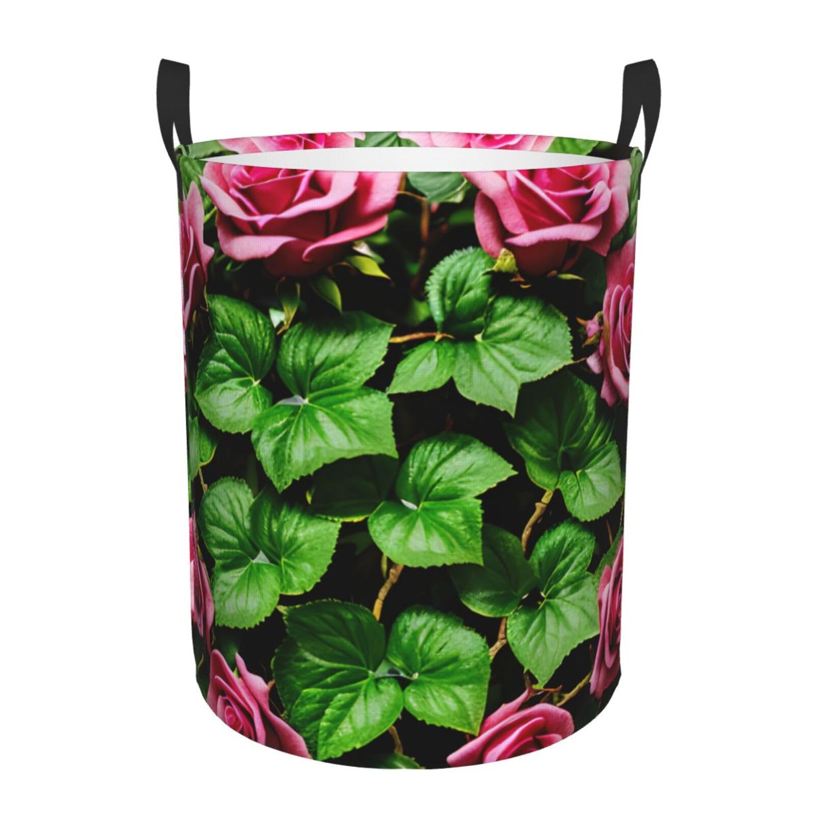 S Collapsible Laundry Hamper Round Floral Rose Ivy with Leaves Spring Print Storage