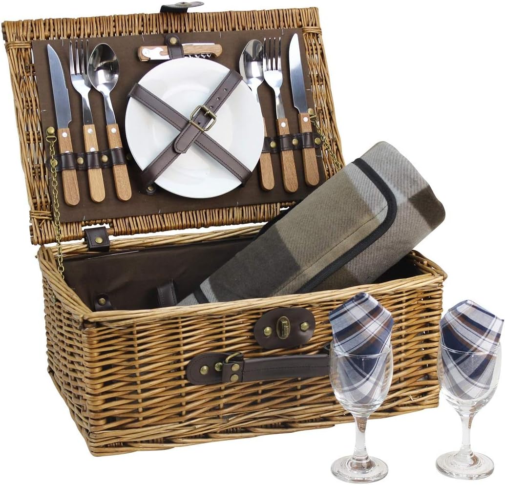 Wicker Picnic Basket for 2 Persons with Cutlery Service Set, Willow Hamper Supplies Kit Best Gift for Father Mother Outdoor Party