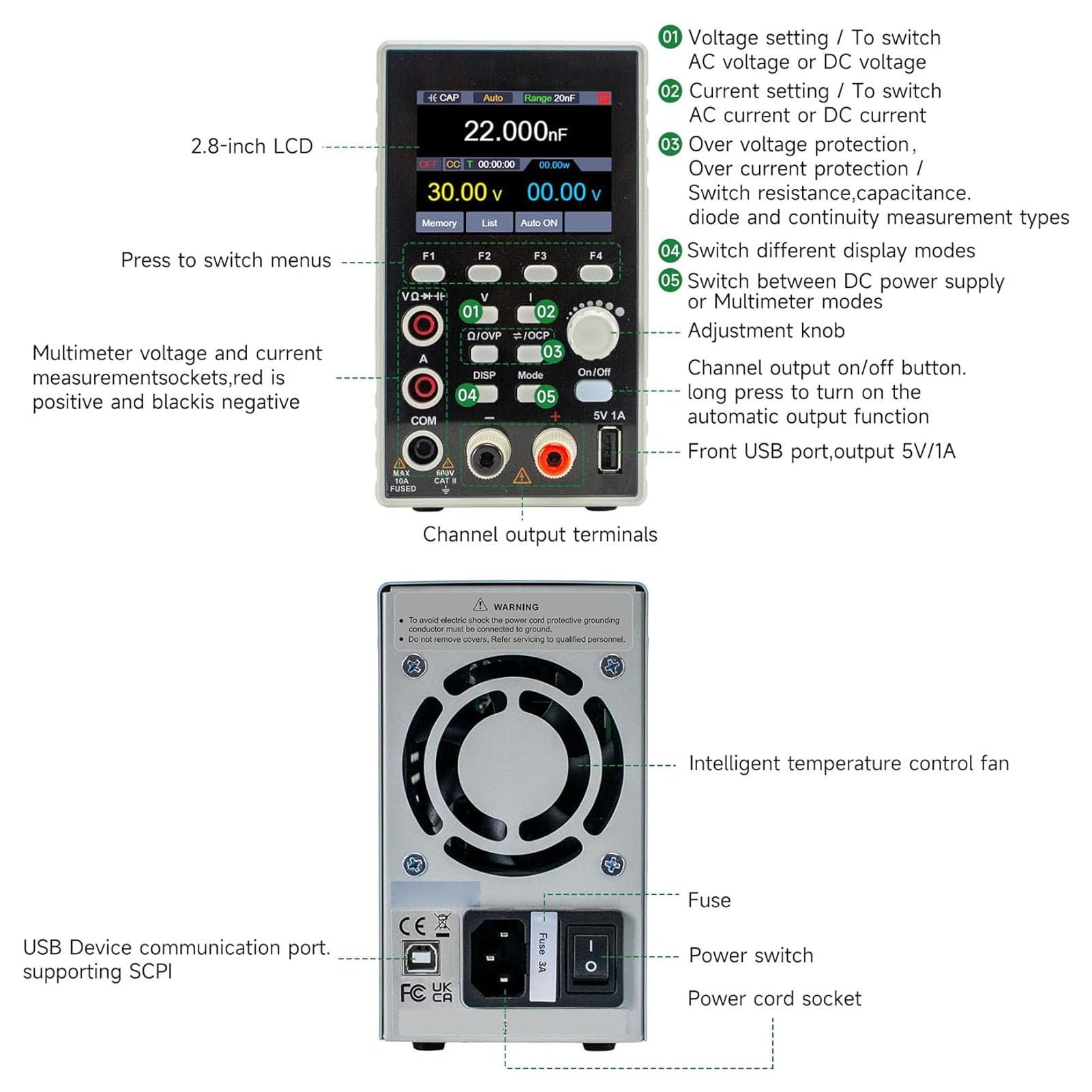 2-in-1-Netzteil und Multimeter, 300 W, 60 V, 5 A, Tischnetzteil mit Prüfdraht-Multimeterstift (EU-Stecker 200-240 V)