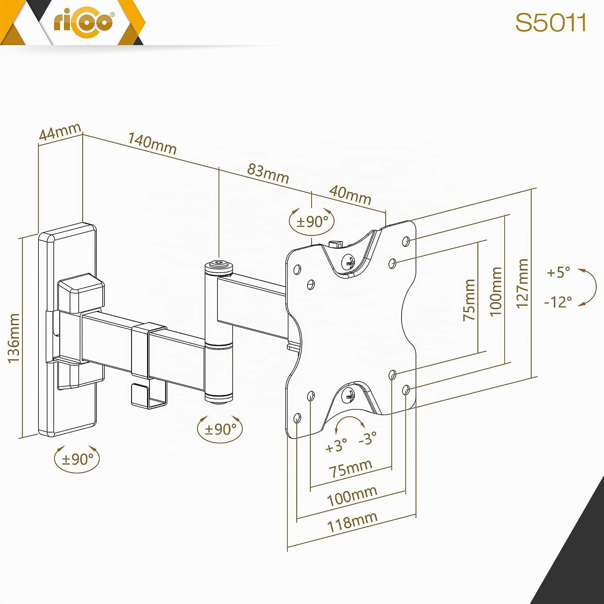RICOO Soporte Monitor de Pared S5011, Ajustable Giratorio e Inclinable para Pantallas de 13" a 27" VESA 75x75 100x100, Capacidad Máxima 20kg Ideal para Espacios de Trabajo y Oficina.