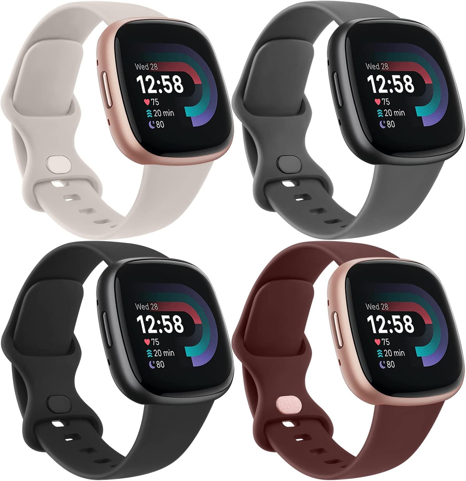 AK 4 Pack Straps Compatible with Fitbit Versa 3/4/Sense/Sense 2 - Soft Sport Watch Replacement Strap for Women & Men, Small/Large