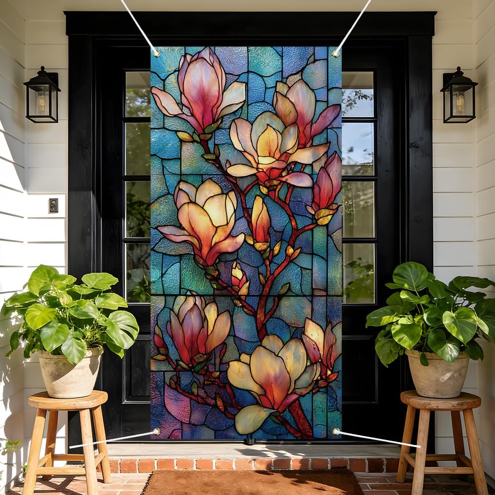 arricraft 1Pc Glass Polyester Door Cover, 72.83"x35.43" Magnolia Pattern Backdrop Banner Door Porch Sign Photography Background for Bathroom Window Home Decor Accessories