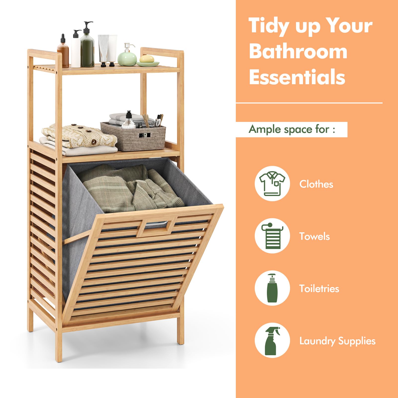 LIFEZEAL Cesto Portabiancheria a 1 Scomparto, Mobile Biancheria Sporca e Mobiletto Bagno, Lavanderia, con Sacco Rimovibile, Cesta Estraibile, Telaio in Bambù, Piano Portaoggetti, 43,5x33x96cm