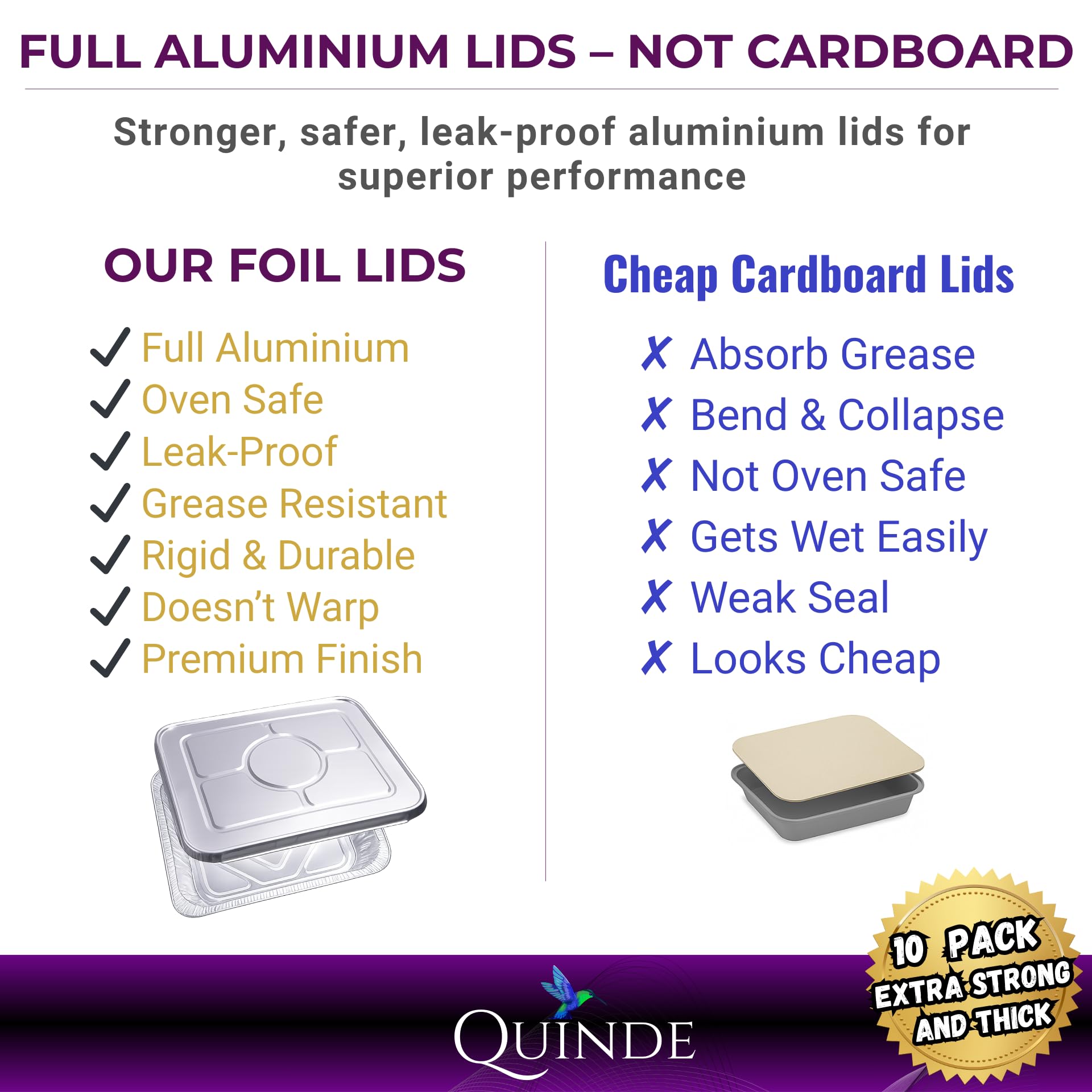 QUINDE Bandejas grandes de aluminio con tapas, paquete de 10 unidades, bandejas de aluminio resistentes de 3500 ml (equivalente a 32 x 26 cm, tapas de aluminio completas de alta calidad para catering