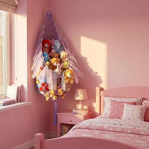 Miniatura 5 de Stuffed Animal Storage Organizers with LED Lights 59 Inch Large Toy Storage Stuffed Animal Hammock Macrame Toy Display Plush Holder Wall for Bedroom