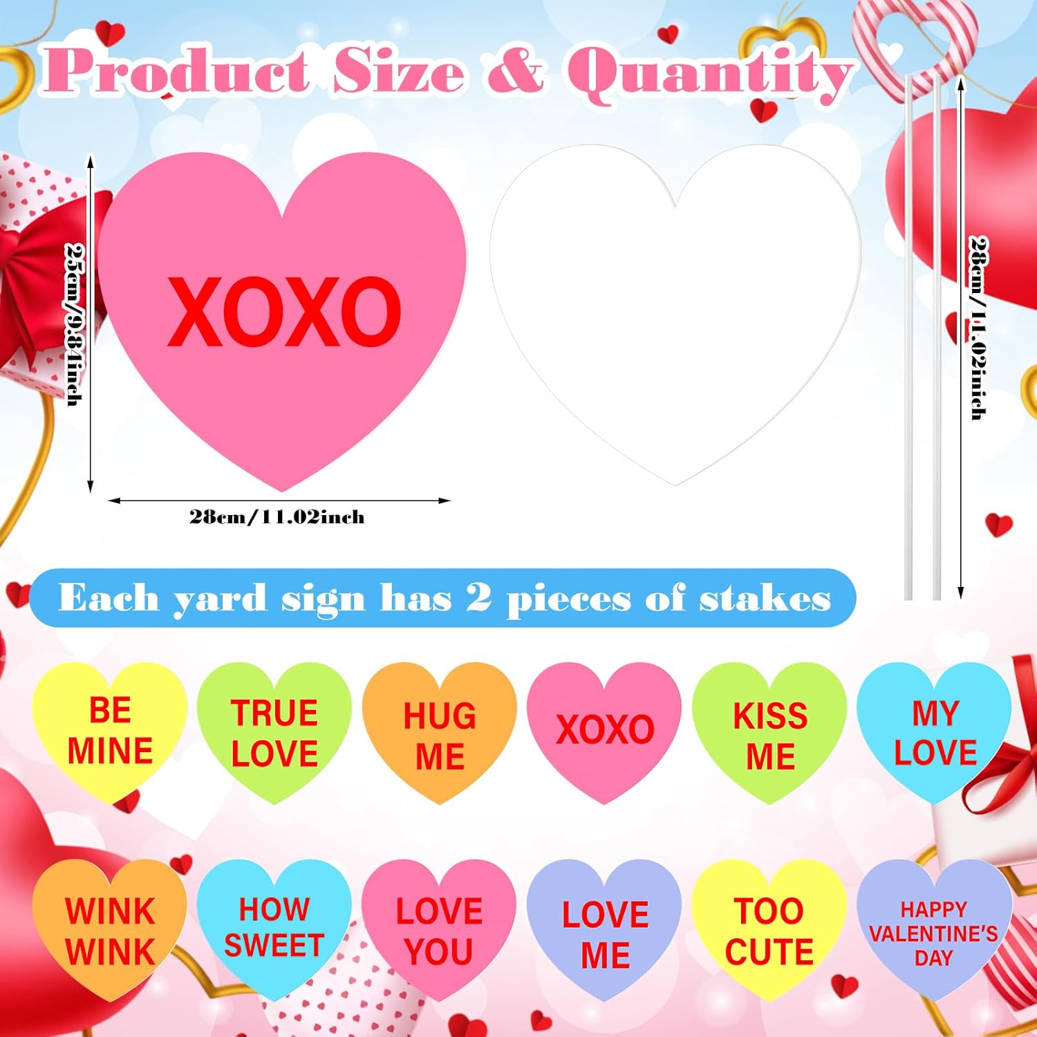 Amyhill 12 Pcs Valentine's Day Yard Signs Conversation Hearts Sweethearts Candy Sayings Outdoor Lawn Decorations Valentine Candy Heart Love Sign Cutouts Wedding Bridal Shower Supplies Garden Decor