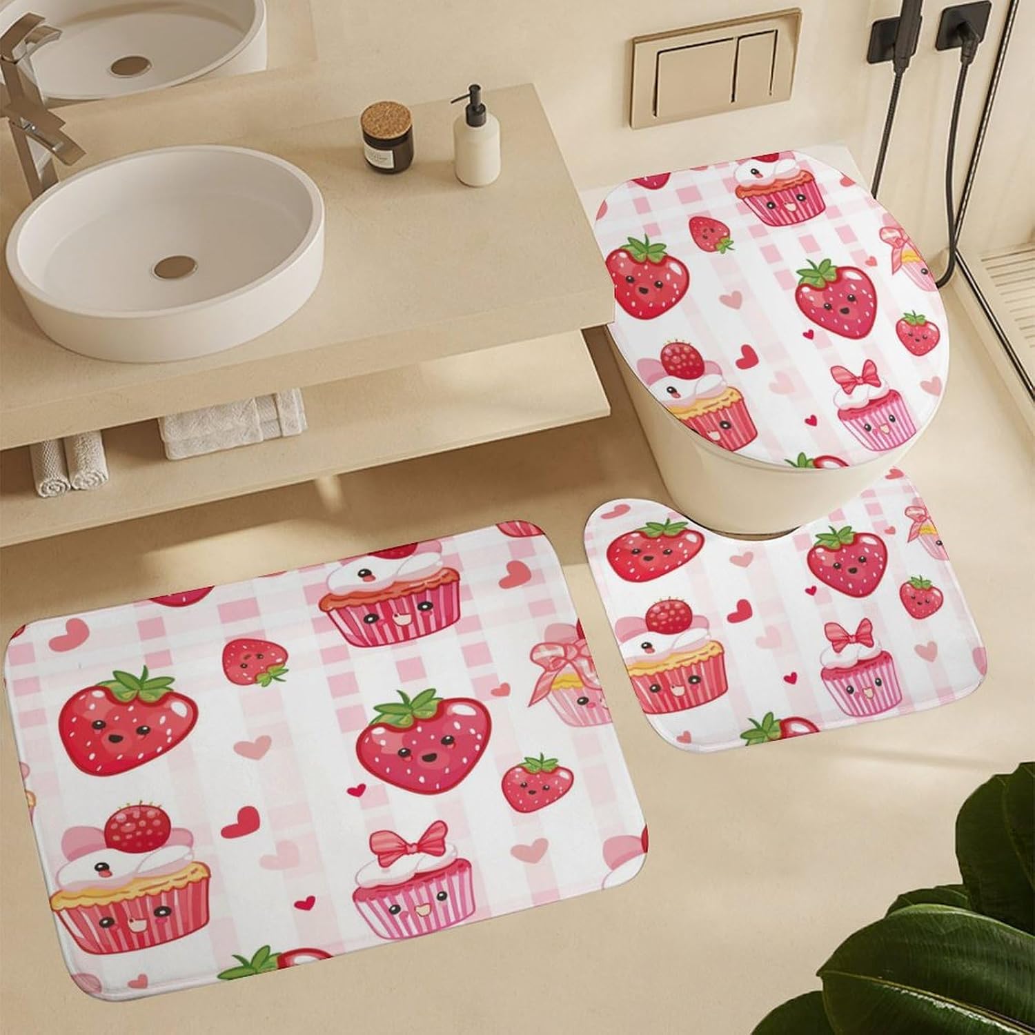 4Pcs Cute Shortcake Shower Curtain Sets, Bath Mat and Rugs, Strawberry Heart Gingham Shower Curtain with Hooks for Bathroom