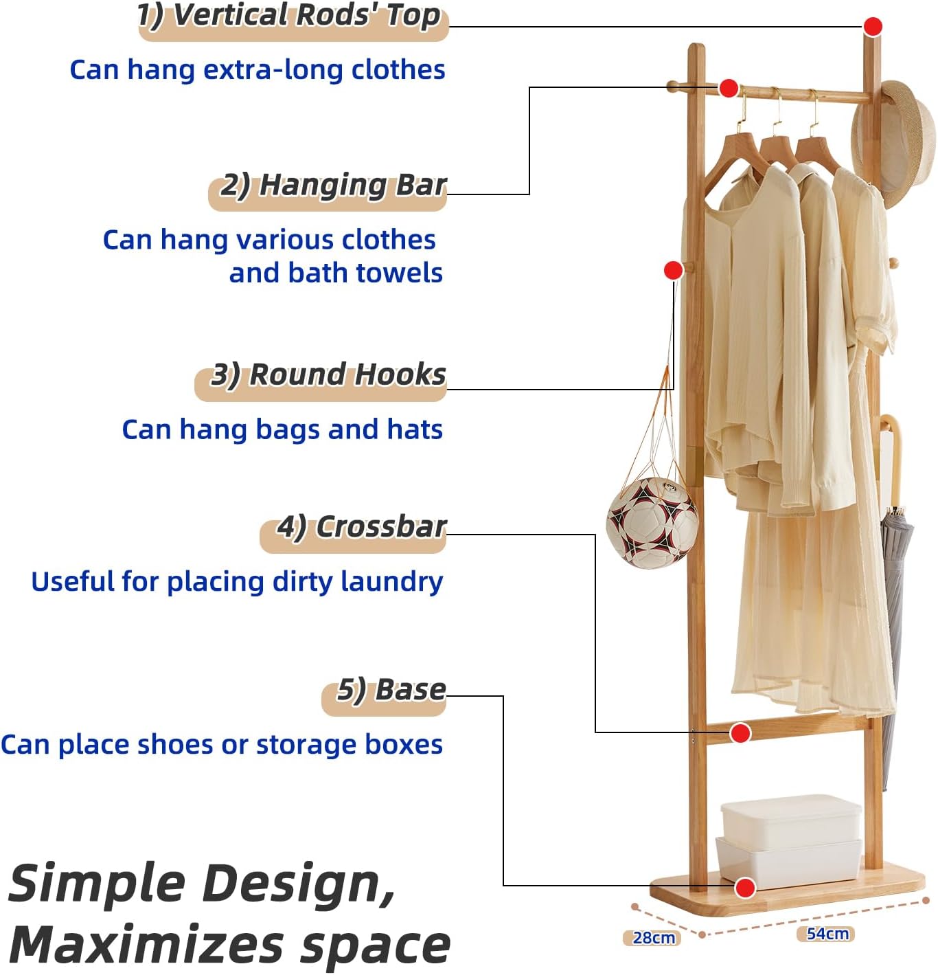 Coat Rack Freestanding, Coat Tree with 2 Main Rods and Stable Design, Clothes Racks for Hanging Coats Clothes Suits Jacket, Easy to Assemble and Very Sturdy, Natural Wood Color USYD-202