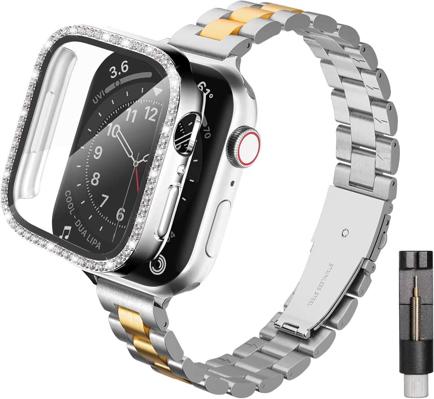 Slim Stainless Steel Band Compatible with Apple Watch 38mm 40mm 41mm 42mm 44mm 45mm, Bands with Bling Case Screen Protector for iWatch Series 9/8/7/6/5/4/3/2/1/SE