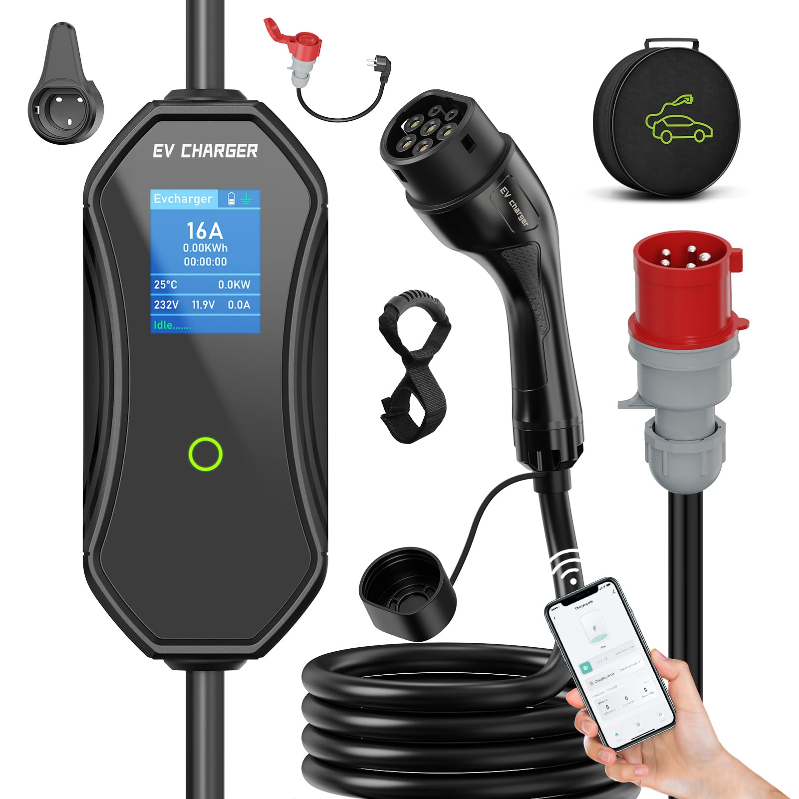 6M Cargador Coche Eléctrico 11kW, 8A-16A Cargador EV Tipo 2 | Cargadores para Vehículos Eléctricos CEE de 5Pines, Corriente Ajustable | 1–15H de Carga Diferida, IEC 62196-2, IP65