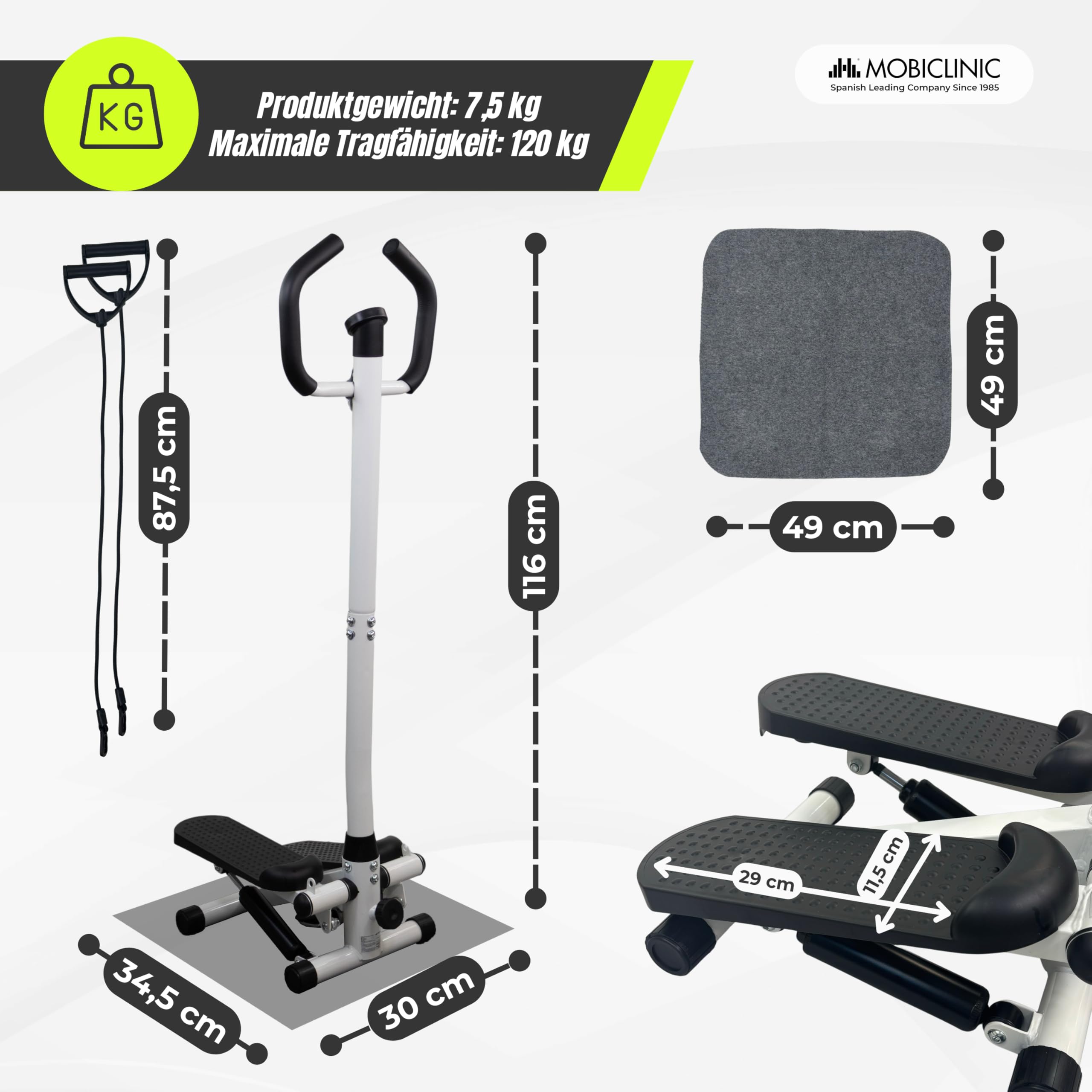 Mobiclinic®, Stepper mit Lenker, Höhenverstellbar, LCD-Monitor, Einstellbare Intensität, rutschfeste Pedale, Step-by-Step-Maschine, Kompakt, Heimtraining, Step-Pro