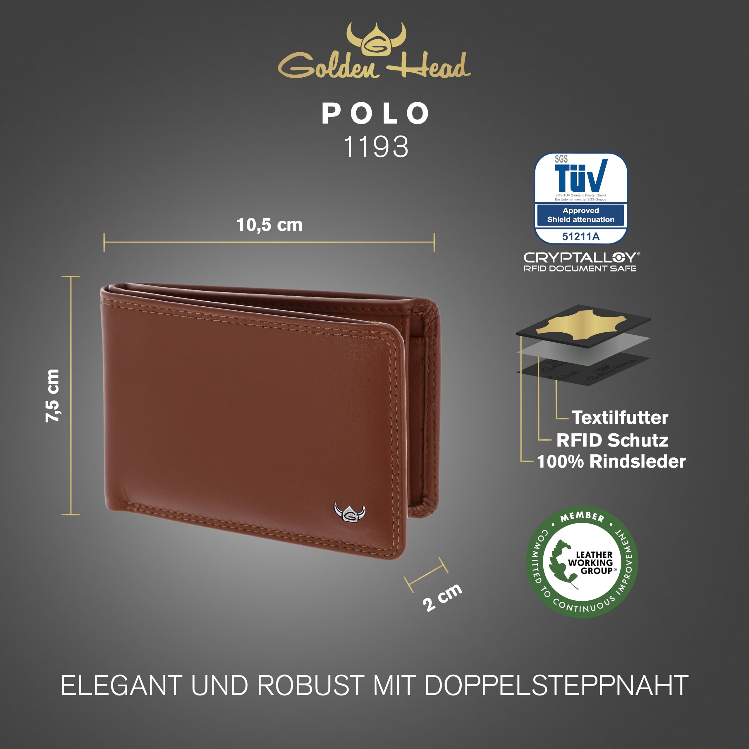 Golden Head Cuero Monedero Polo RFID Protect Minischeintasche 1193 Cognac marrón