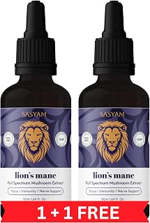 Sasyam Lion's Mane Mushroom Extract, 30ml ONE PLUS ONE FREE, Memory and Nerve Support, Helps Menopause related Brain Fog