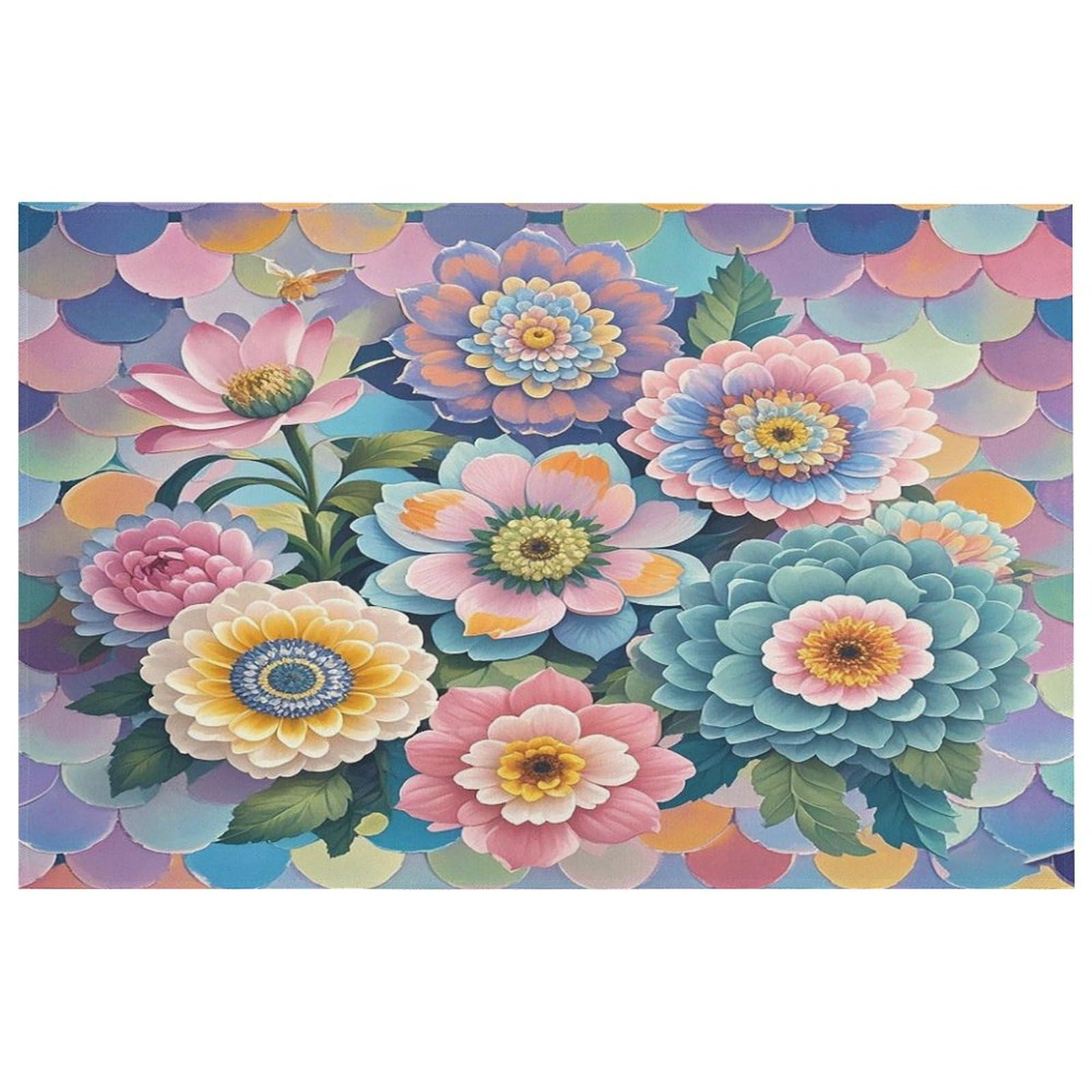 Tapis de cuisine lavable antidérapant avec motif écailles florales élégantes pour sol
