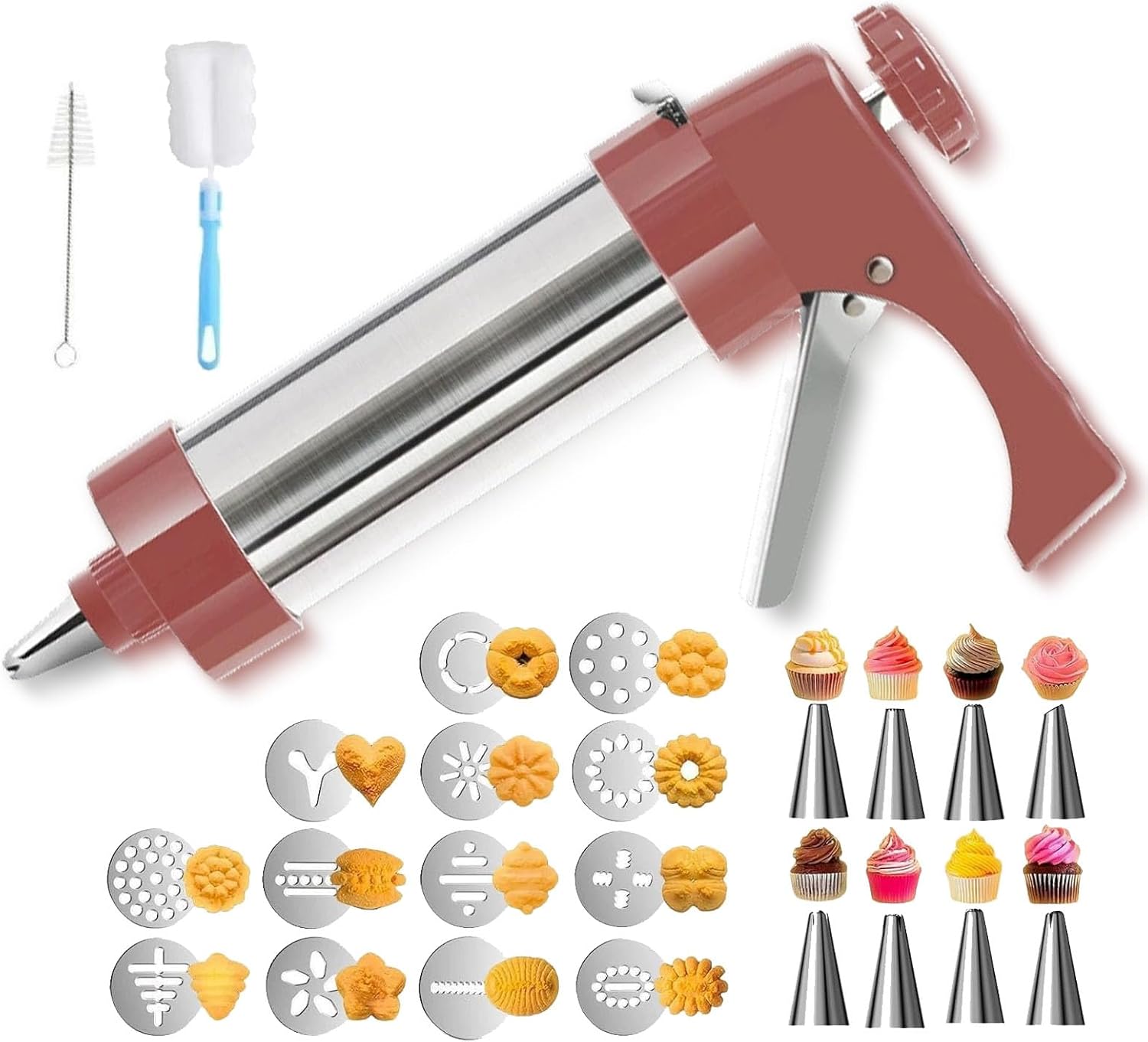 Stainless Steel Cookie Press, DIY Cookie Press with Cleaning Tools, Cake Piping & Cheese Press Gun Kit for Kitchen (Red)