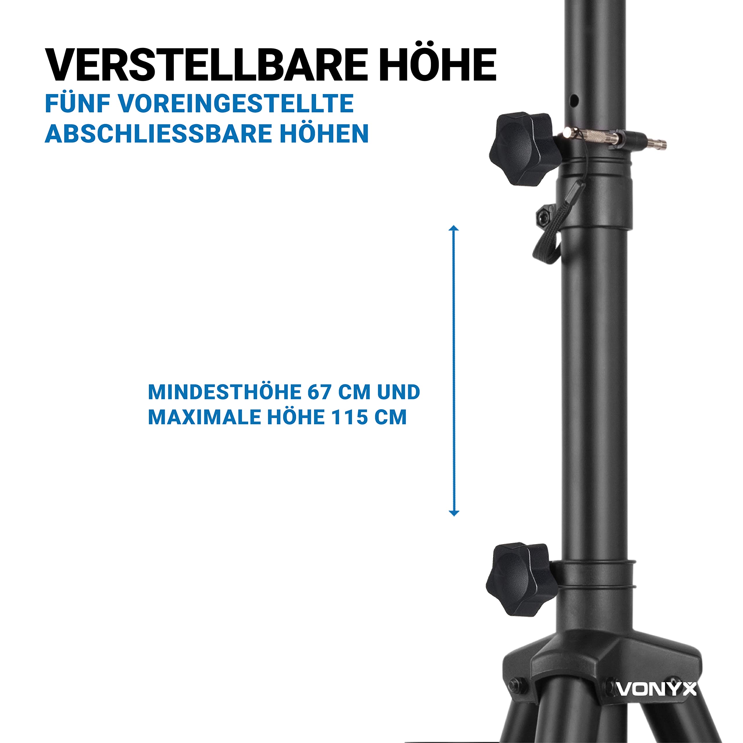 Vonyx LS02K Boxenstativ, Boxenständer, Lautsprecher Stativ, 67-115 CM, bis 20 kg, 35MM mit Sicherheitsstift, Lautsprecherständer höhenverstellbar, Boxen Stativ Speaker Stand - Schwarz