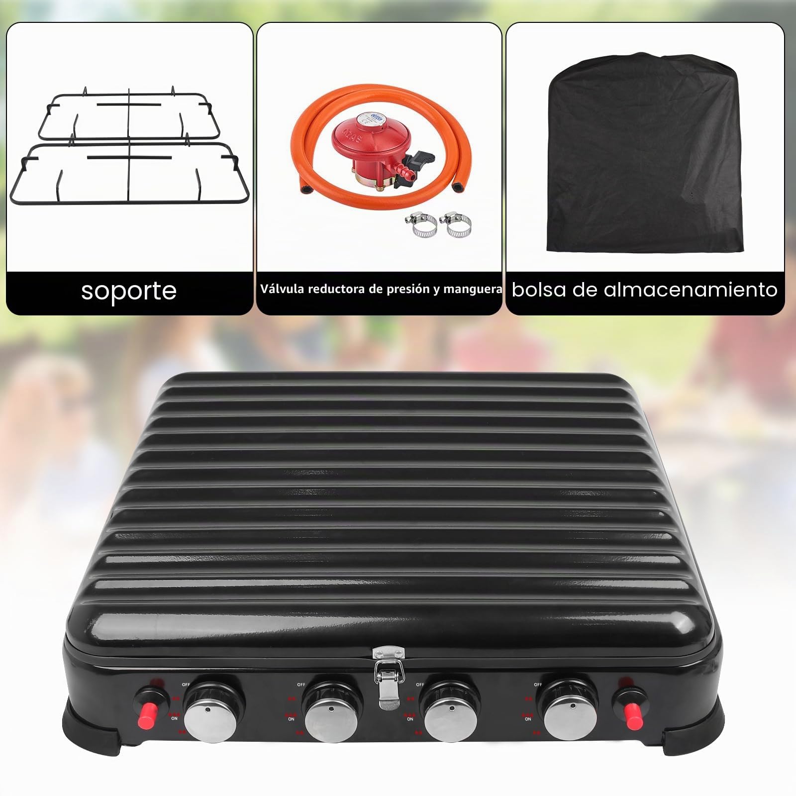 8.8KW Cocina de Gas Portátil 4 Fuegos con Hornillo de Exterior GLP para Camping, Quemador para Acampar 48 x 48.5 x 10.5 cm (‎Puro Negro)