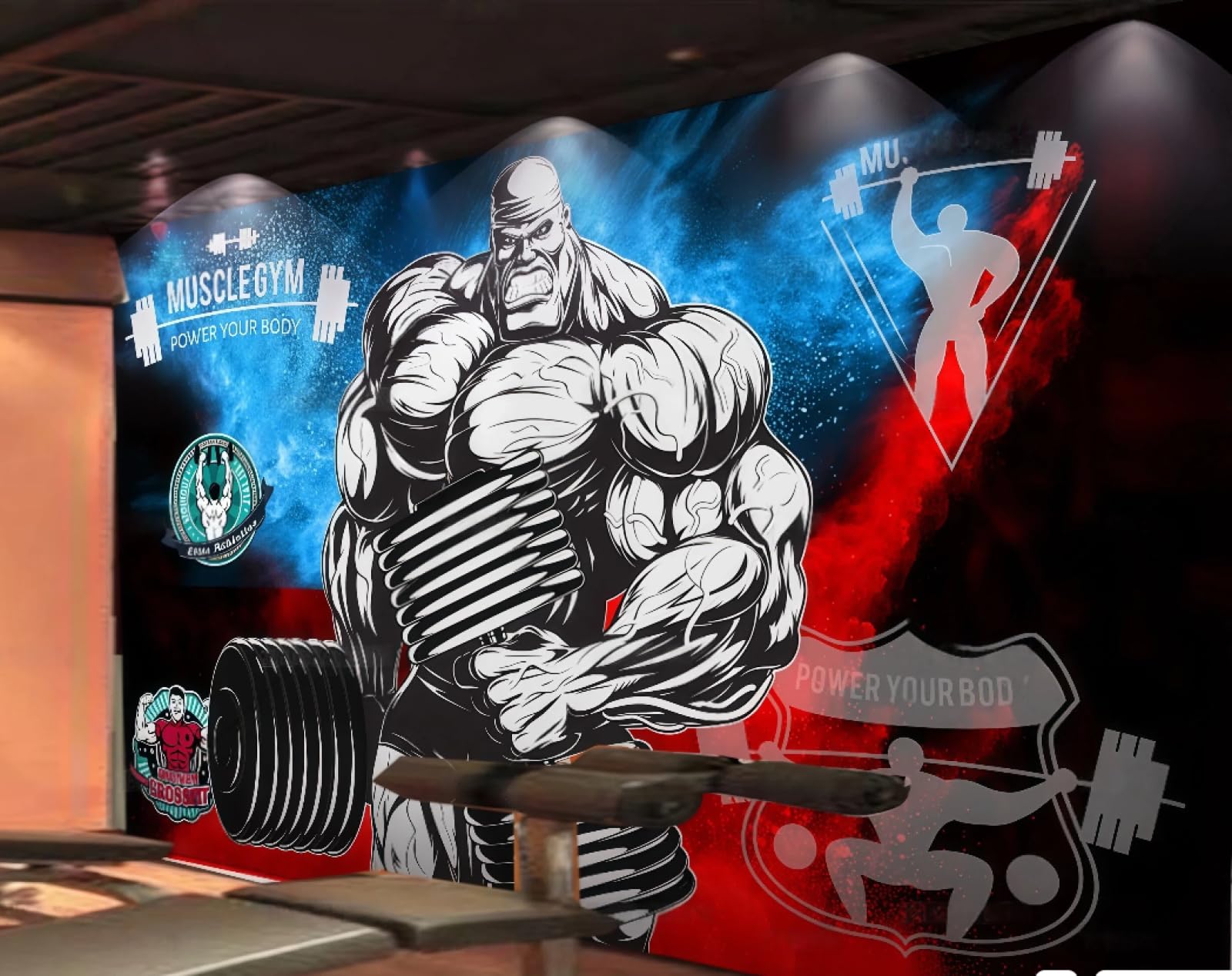XDOUBAO Wallpaper Retro Nostalgic Gym Colorful Hand-Painted Sports Theme Afternoon Tea Western Restaurant Background Wall Wallpaper Coffee Shop Mural,3D,300x210cm