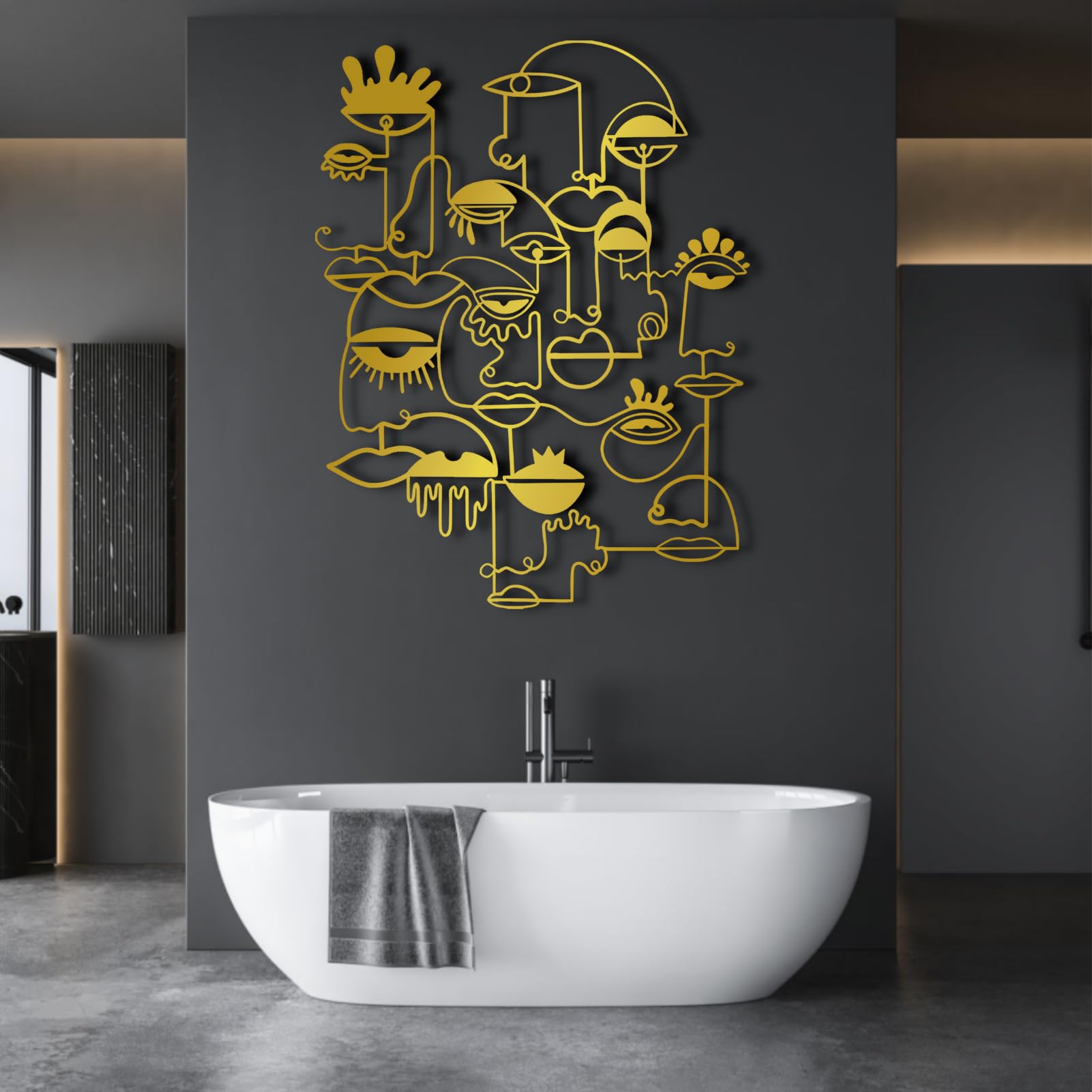 Tableau Abstrait Picasso en métal Noir, décoration Murale Pablo Line en métal, Sculpture Moderne Abstraite Picasso pour Salon, Couloir et escaliers (doré, 70 cm L x 54 cm l)