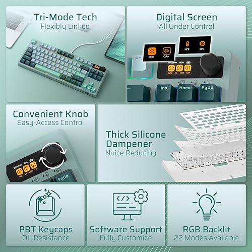 Miniatura 2 de LTC Nimbleback NB841 PRO - Teclado mecánico inalámbrico 75% con pantalla y perilla, 2.4 GBTUSB-C con cable RGB 84 teclas, amortiguador de 3 capas,