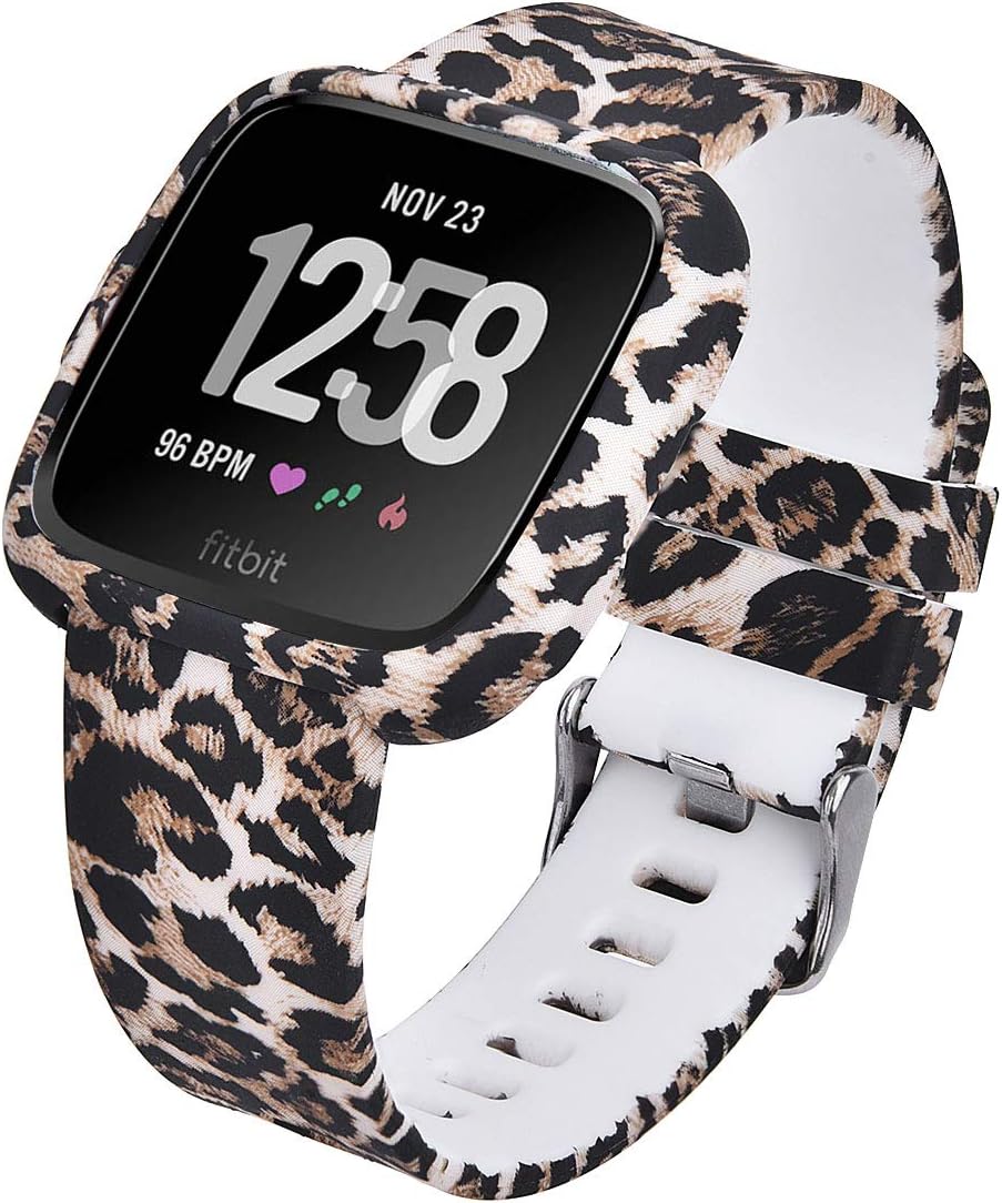 CAGOS Compatible with Fitbit Versa 2 Bands Women Men, Silicone Straps Replacement Accessories Wristbands with Protective Case for Fitbit Versa Lite Smartwatch (Leopard, Small)