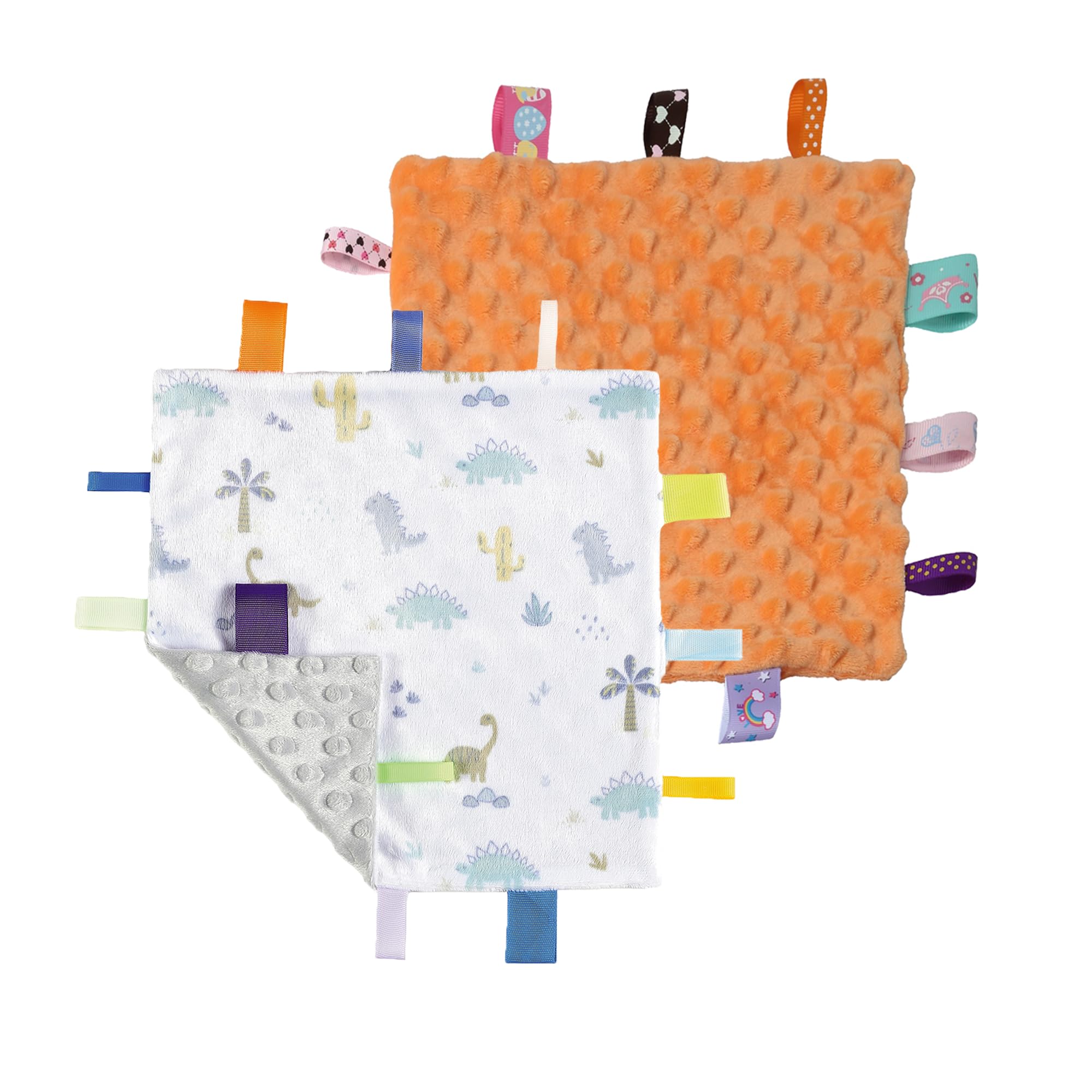 CREVENT Tag Security Blankets for Babies, Soft Small Loveys for Boys, Baby Comforter Sensory Blanket, Great Gifts for Birthday Baby Shower (10"X10" Dino + Orange)