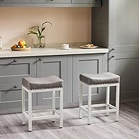 DUMOS Saddle Bar Stools Set of 2, 24 Inch Counter Height with Curved PU Leather Seat, 3.7" Thick Cushion & Footrest, Gray for Kitchen Island Dining