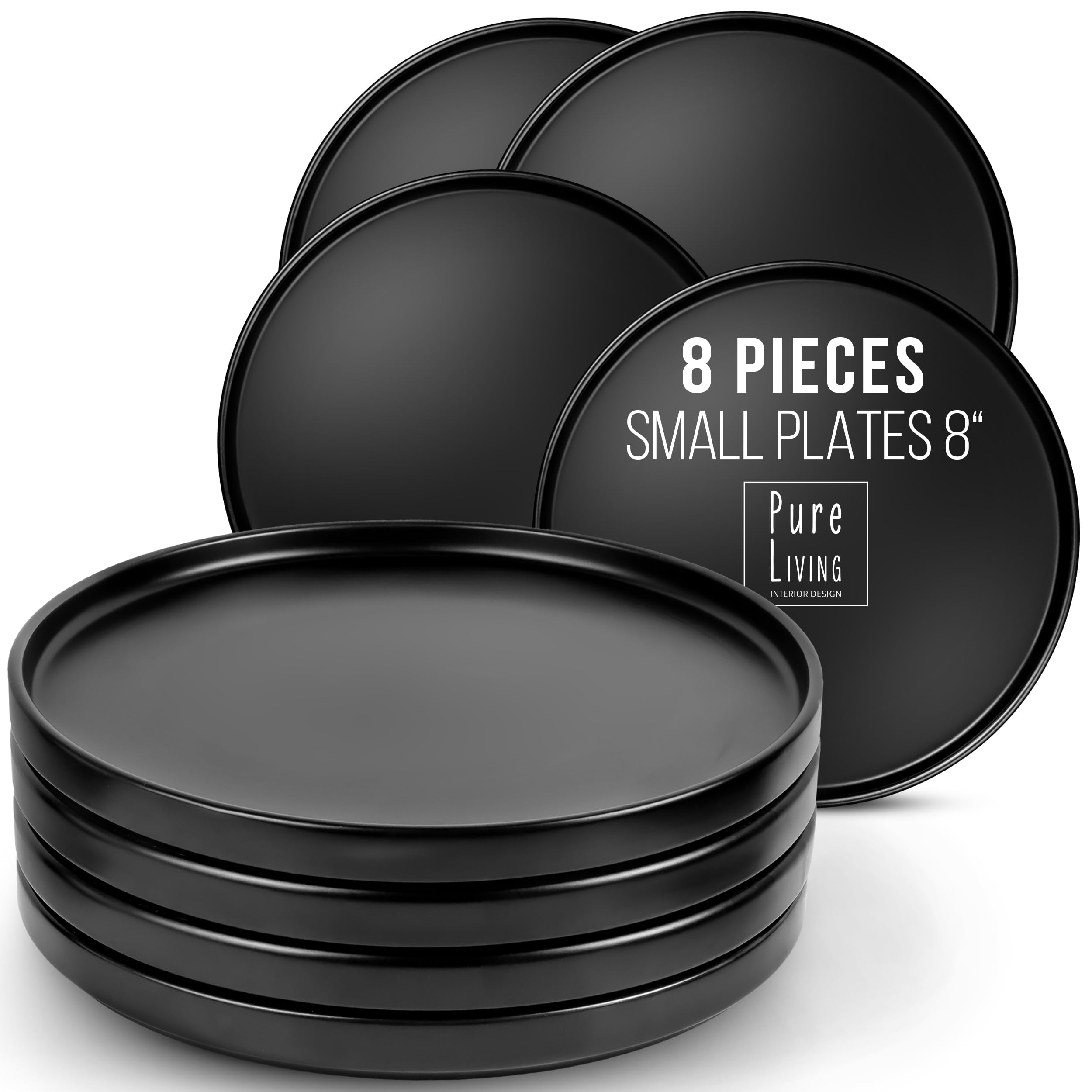 Breakfast Plates Set of 8 Manhattan in Black - Premium Stoneware for Dishwasher, Microwave - Stylish Black Plate Set Matt - Pure Living Crockery