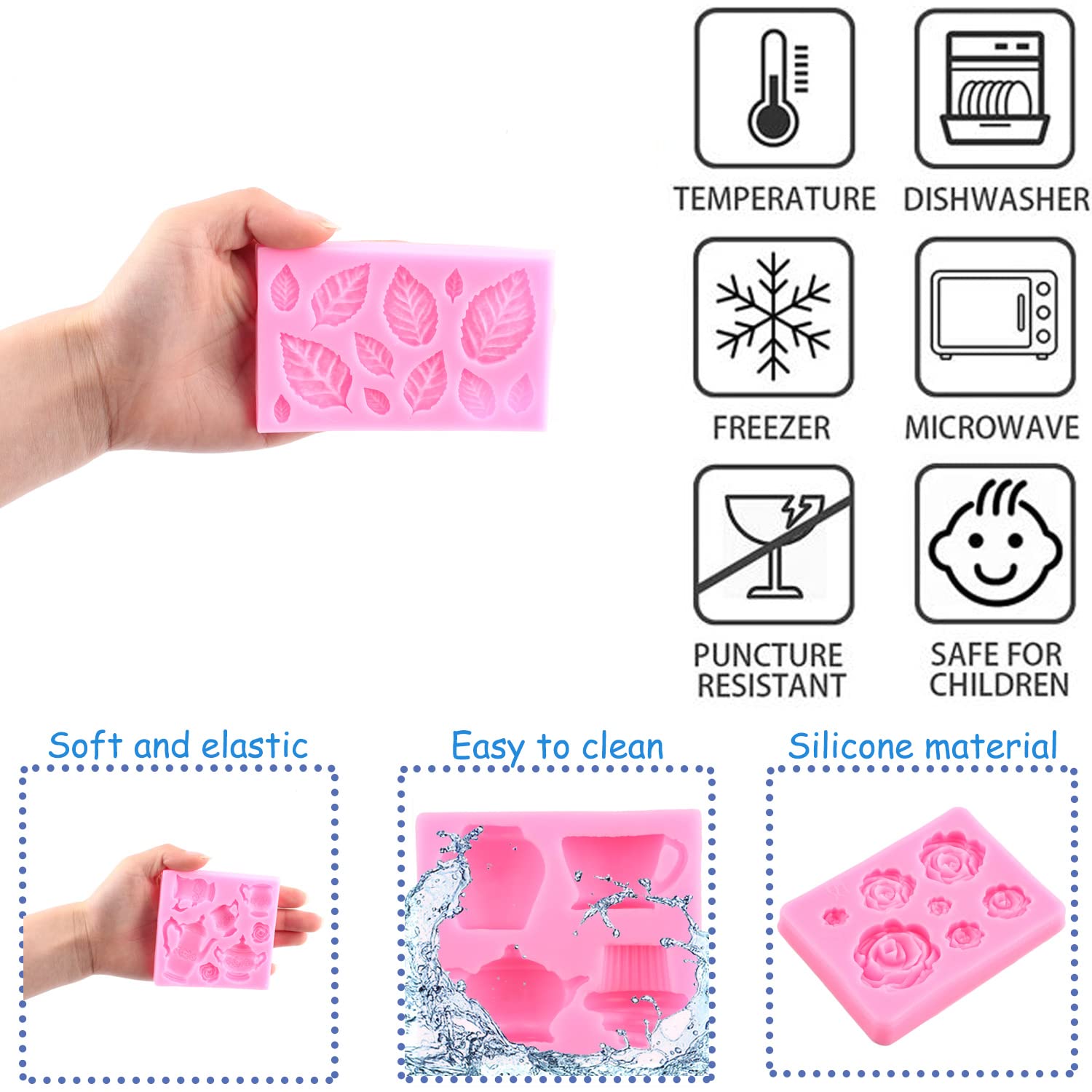 Mujiang Juego de 4 moldes de silicona para fondant, diseño de rosas, flores, chocolate, hojas de caramelo, para decoración de pasteles, pasta de goma de azúcar, juego de 4