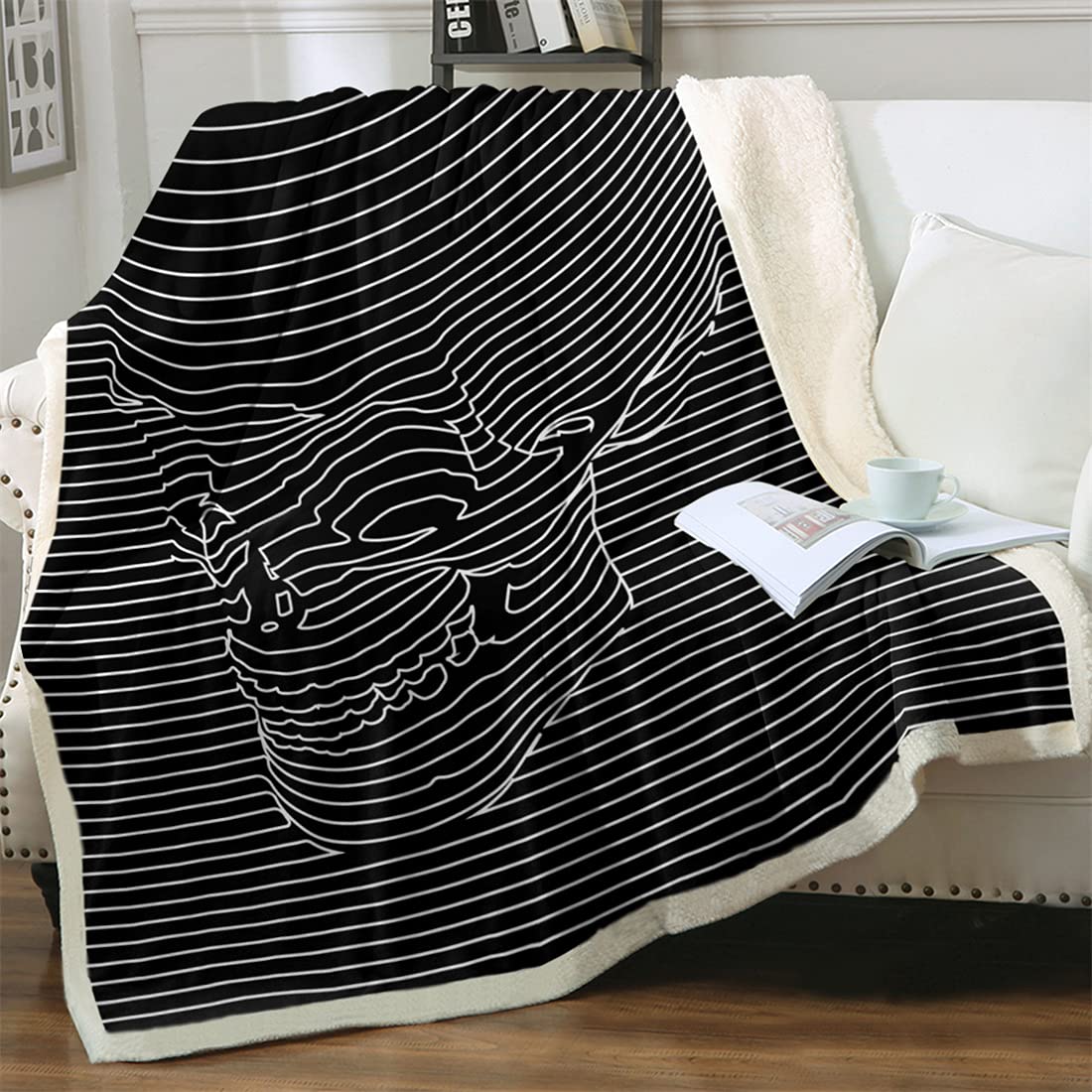 Coperta in pile con teschio a righe bianche con stampa a teschio, in morbido tessuto 3D, per bambini, uomini, donne, 150 x 200 cm