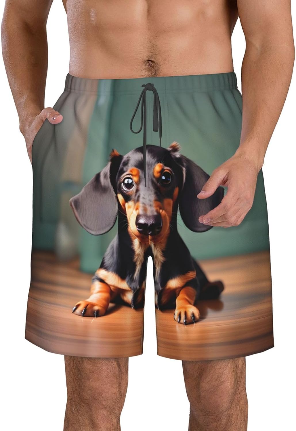 WURTON Cute Dachshund Duggee Print Men's Swim Trunks Quick Dry Beach Shorts with Pockets Lining Swimwear Bathing Shorts