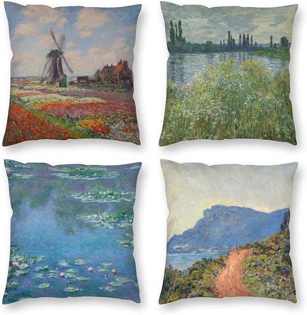 HOSTECCO Claude Monet Pillow Cases Set of 4 Farmhouse Pillow Cases Square Decorative Cushion Covers 16x16 inch/40x40 cm