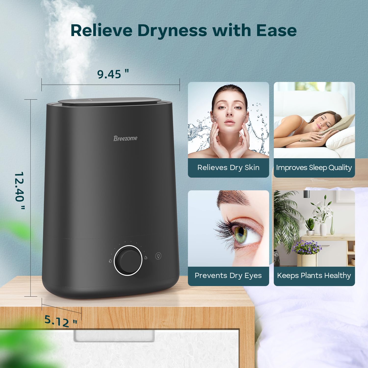 BREEZOME Nawilżacz powietrza 5 l do sypialni, ultradźwiękowy nawilżacz i dyfuzor olejków eterycznych, dysza 360°, automatyczne wyłączanie, czas pracy 50 h, ciche nawilżacze do dużych pomieszczeń