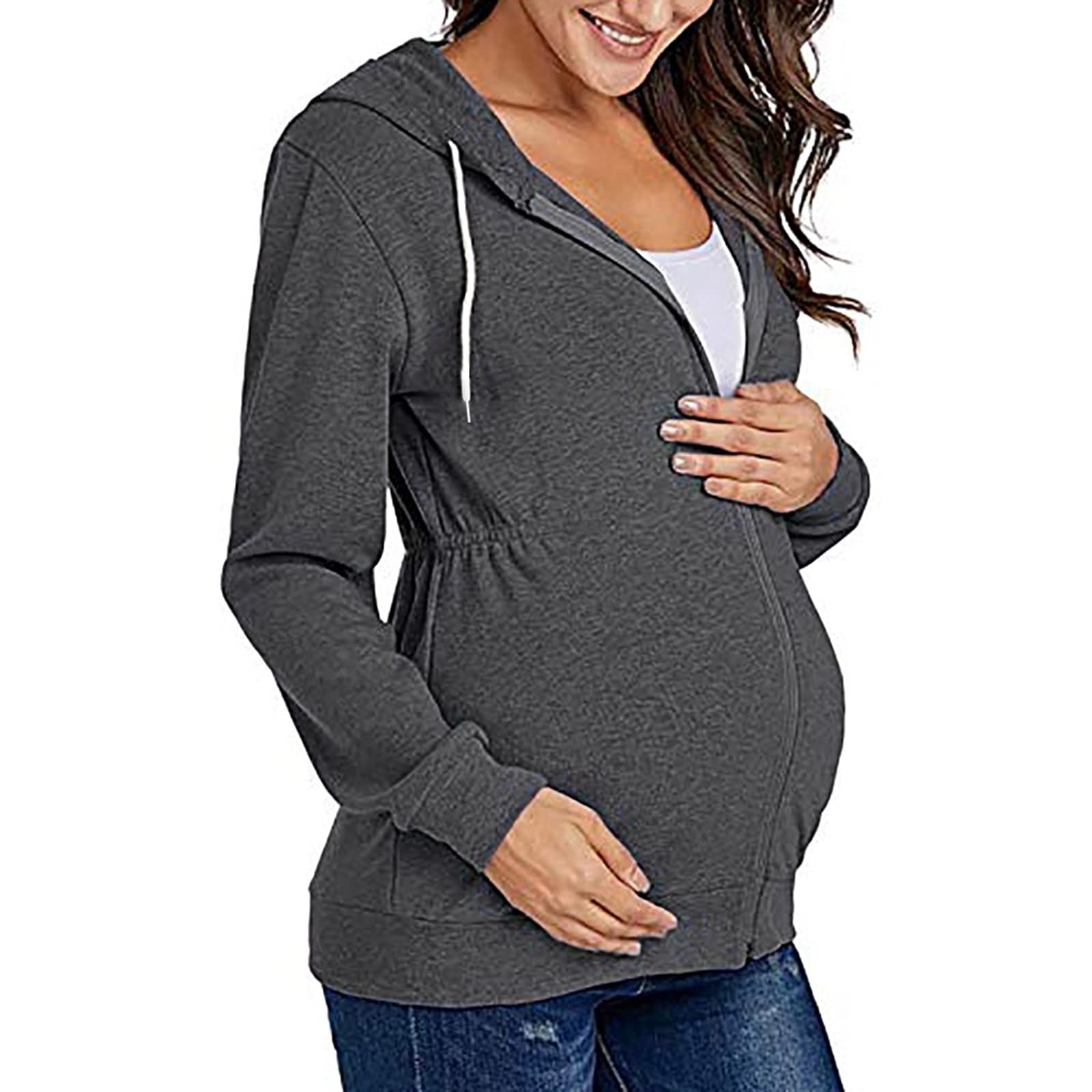 Damen-Sweatshirt, Schwangerschaft, lässig, mit Reißverschluss, mit Taschen, langärmelig, Sweatshirt, Umstandsbluse, zierlich, Damenmode