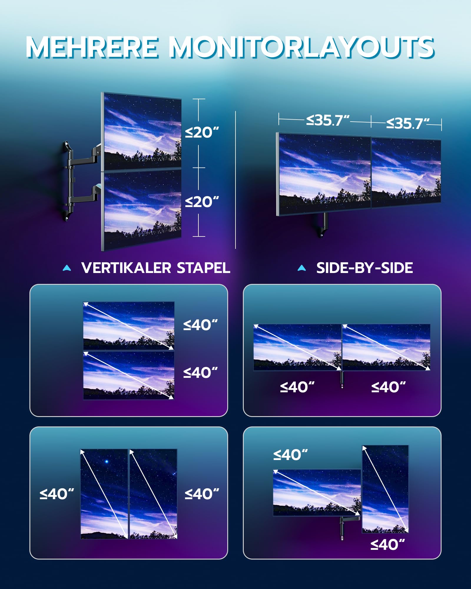 ARES WING Soporte de Pared para 2 monitores de 17"-40"
