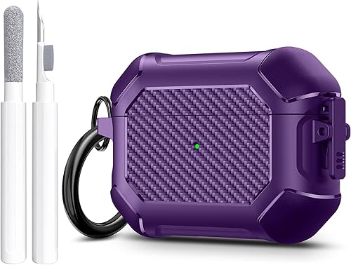 Vista 70 de Maxjoy Funda para AirPods Pro, clip de bloqueo seguro de fibra de carbono, cuerpo completo, a prueba de golpes, carcasa rígida con llavero