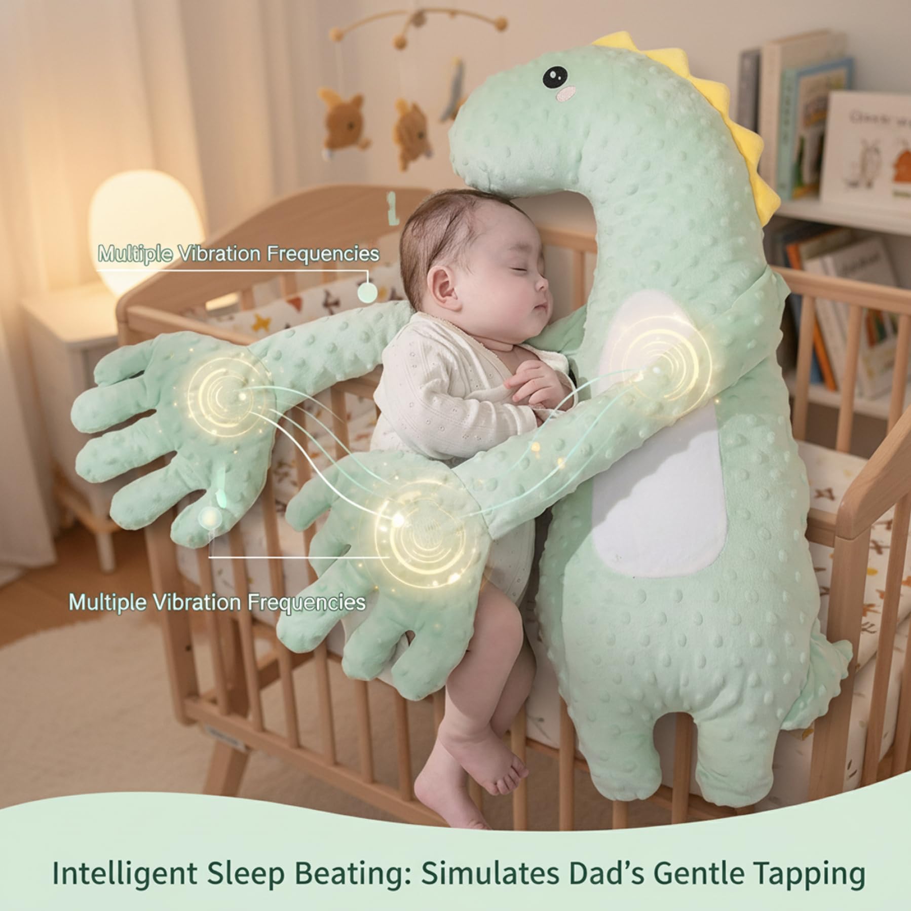 Che accarezza la mano per far dormire il bambino - Cuscino che accarezza il bambino con dinosauro verde Cuscino lenitivo intelligente con tocco delicato e timer, ausilio per sonno portatile dei ne
