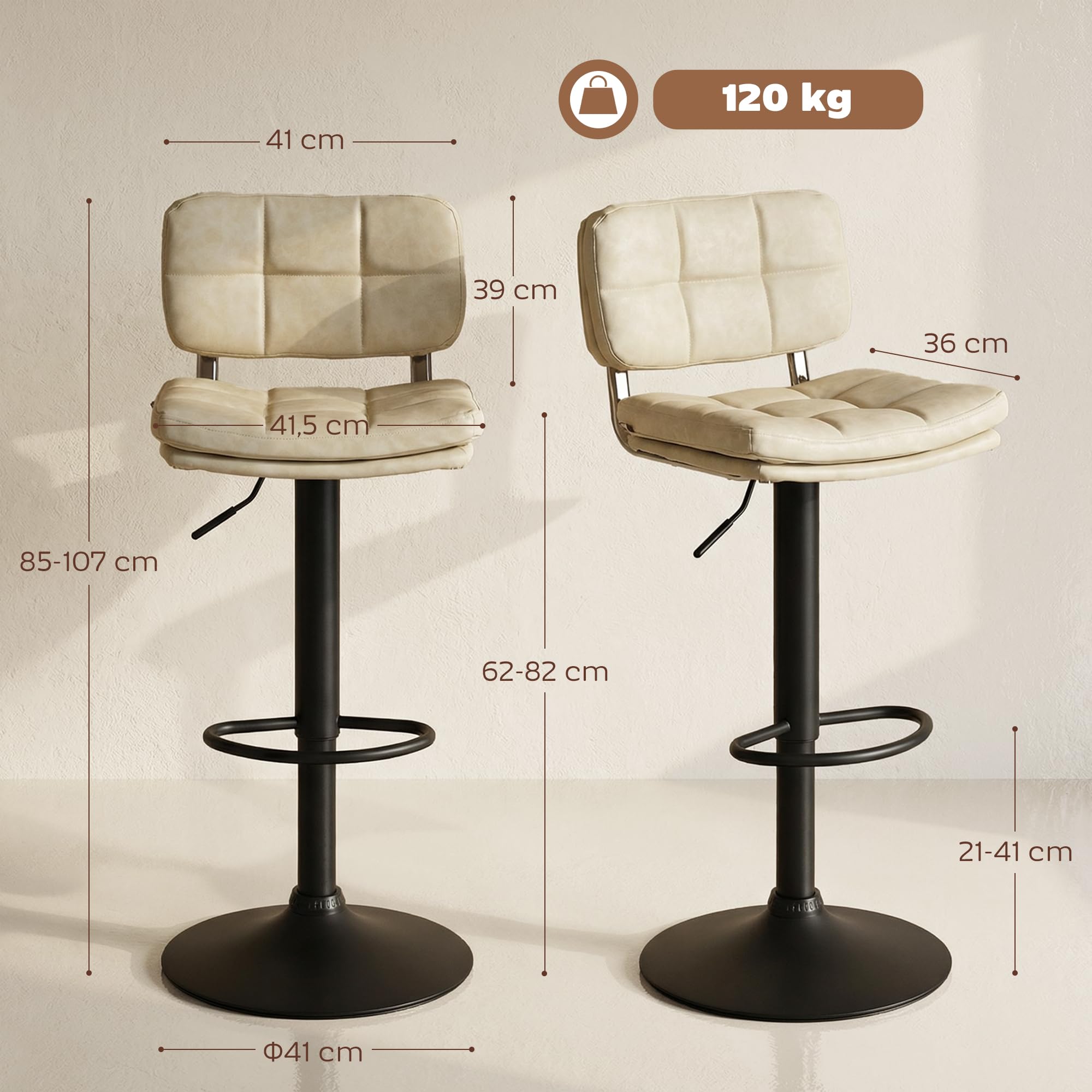 HOMCOM – Juego de 2 taburetes de bar vintage – giratorio, ajustable – Reposapiés – Revestimiento sintético crema efecto envejecido