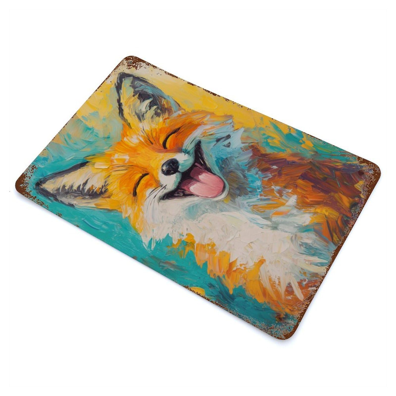 Aged Metal Wall Plaque with Smiling Fox Portrait Design 11.8"x7.9", for Cafe, Home Bar And Lounge Decor, Novelty Wall Decor