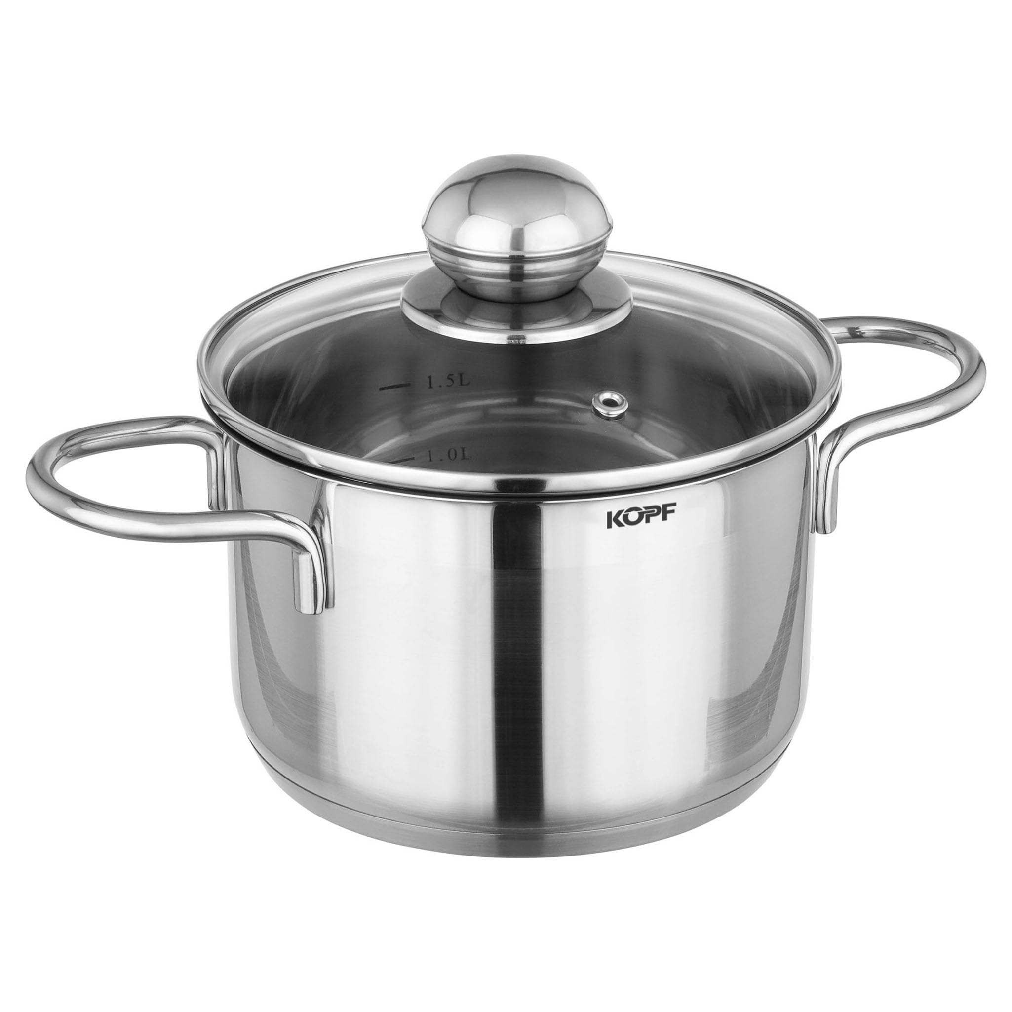 Kopf Topfset Josie aus Edelstahl - Induktionstöpfe mit Schüttrand, Literskala und Glasdeckel – 14-teilig