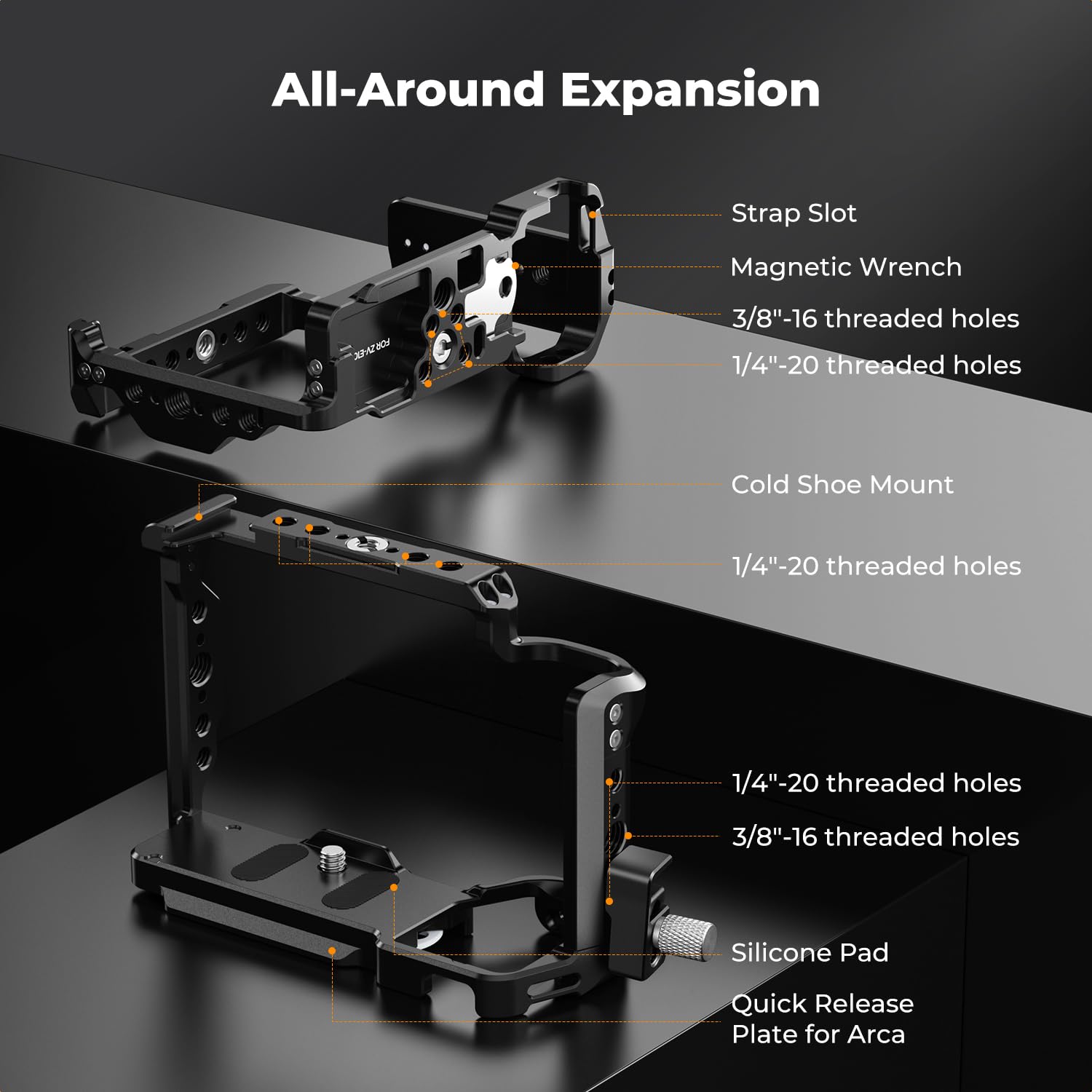 K&F CONCEPT Klatka na aparat kompatybilna z Sony ZV-E1 Ultralekka aluminiowa 135 g, mocne i stabilne z gwintem zimnym 1/4" i 3/8", silikonową podstawą, szybkim demontażem