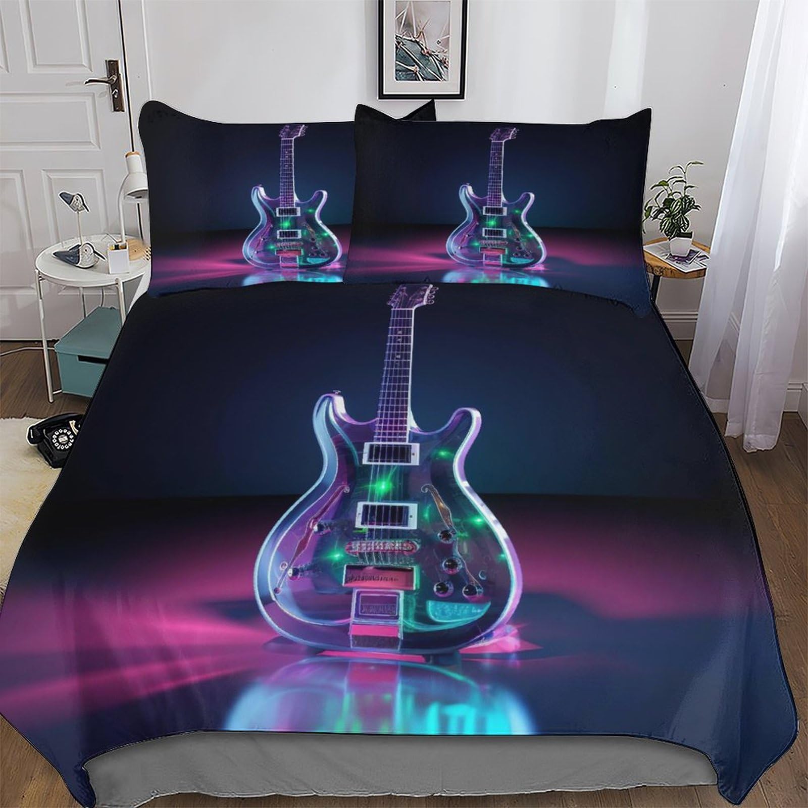 Guitars 3D Bedding Set Comforter Cover 3 PCs with Pillowcases for Adults Teenager Kids Quilt Cover Soft Duvet Cover King(220x240cm)