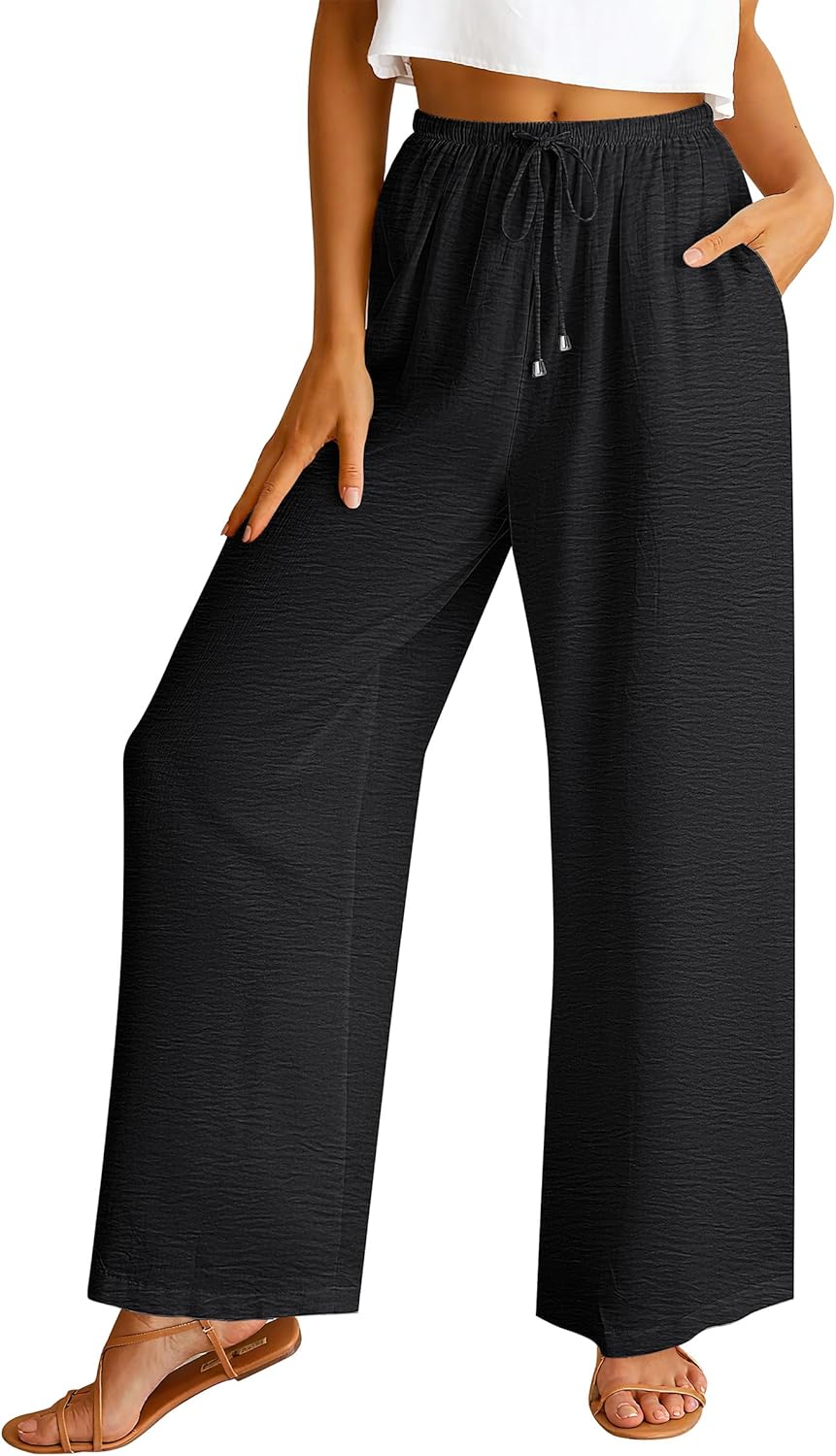 ABRABESS Womens Palazzo Pants Wide Leg Flowy Drawstring High Waisted Casual Trousers 2026 Summer Beach Vacation Clothes