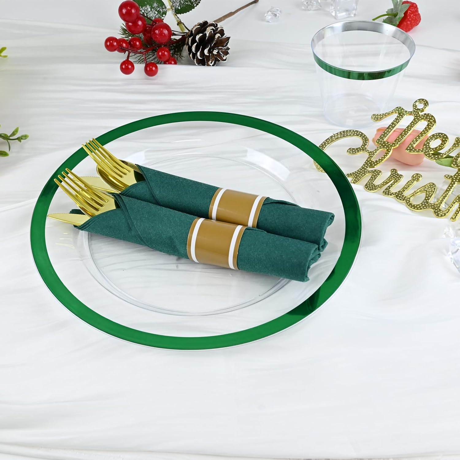 Pre Rolled Gold Plastic Silverware with Green Napkins, 100Pac Rolled Cutlery with Green Dinner Napkin, Heavy Duty Gold Plastic Silverware, Disposable Cutlery with Christmas Napkins